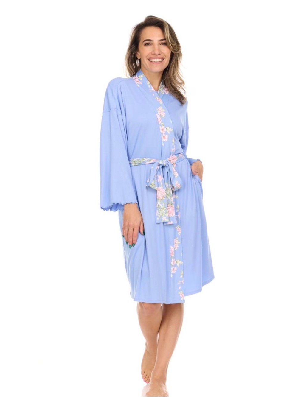 Flora Nikrooz Light Blue Floral-Trim Kimono Robe - Women's Intimates & Sleepwear
